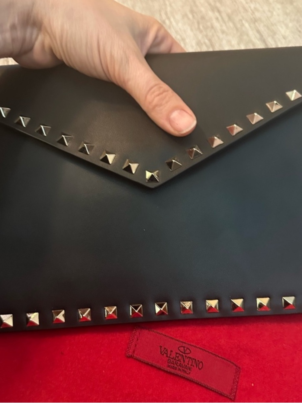 Valentino Black Leather Rockstud Envelope Clutch with Silver Accents
